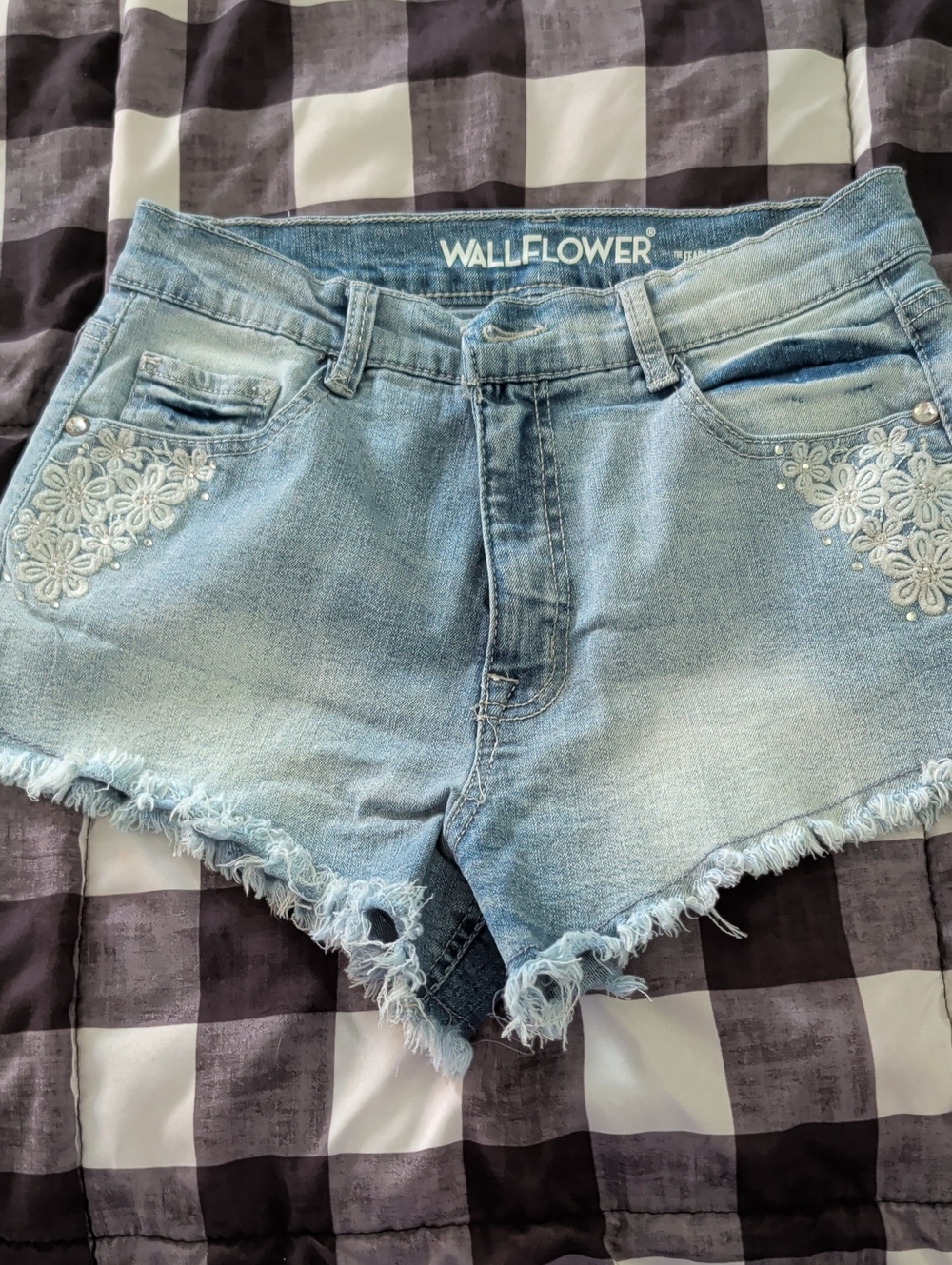 Wallflower Light Blue Embroidered Frayed Denim Shorts